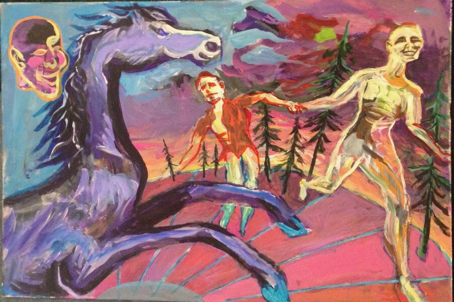 Acrylic painting with collage elements by Landis Expandis. A floating head and a purple horse are on the left, just behind them to the right a couple holding hands is running out of a forest. The sky is blue on the left, red on the right. 