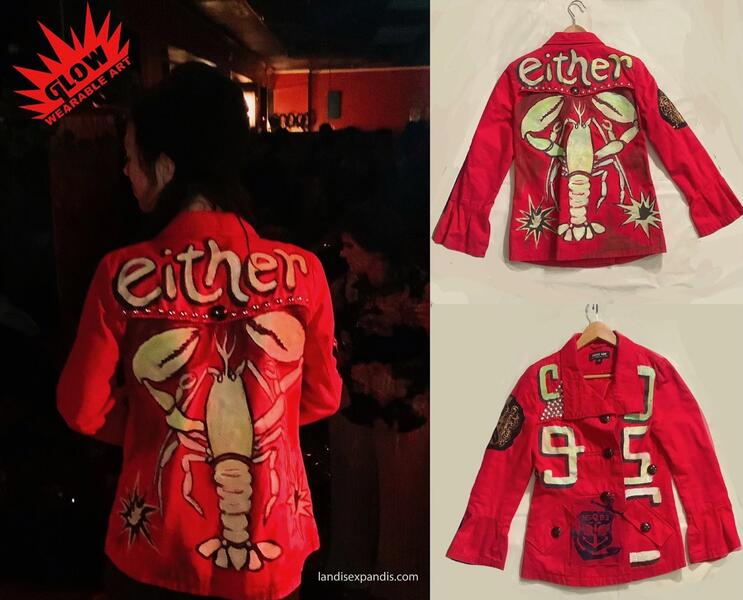 Photo collage showing the front and back of a red hand-painted jacket with the word "either" painted over an image of a lobster.