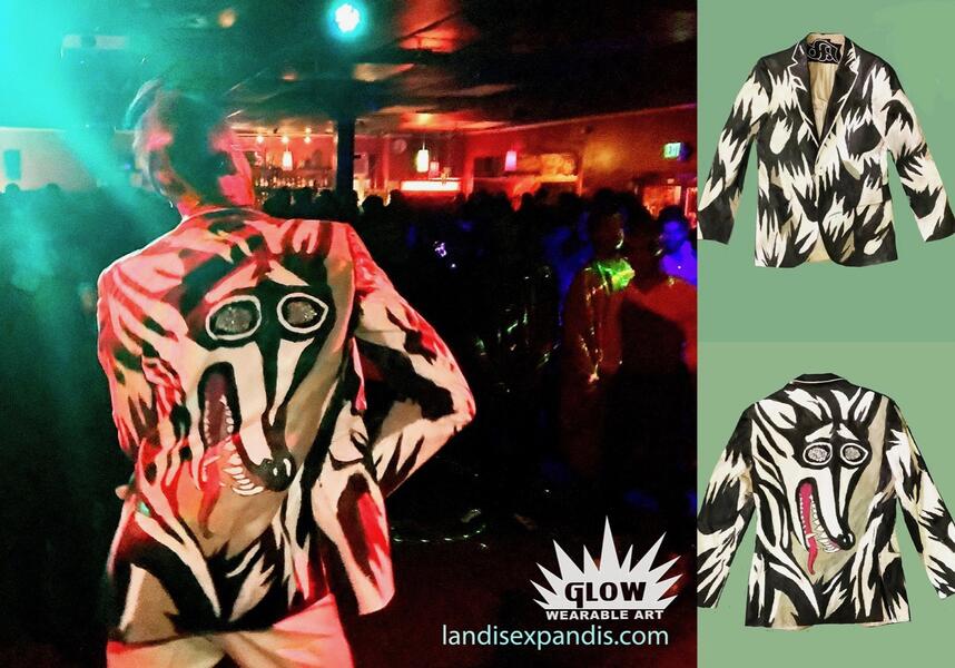 Photo collage showing a hand painted blazer with a wolf face on the back by Landis Expandis.