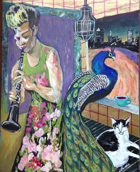 Acrylic painting by Landis Expandis. A woman plays a clarinet. Just in the background there is a peacock and a white and black cat.