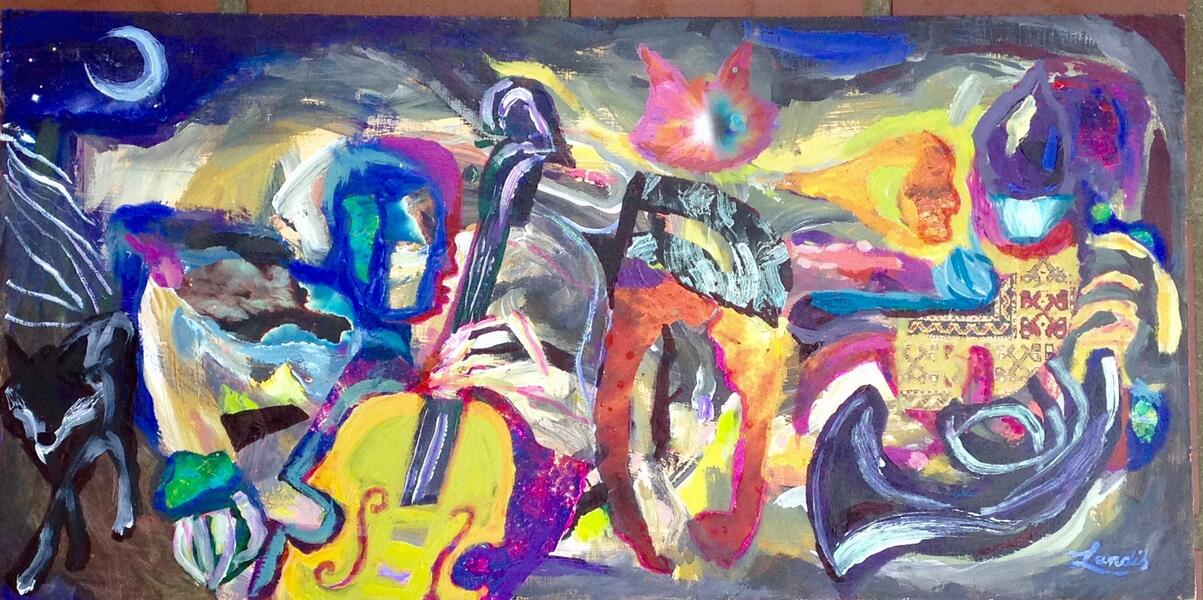 Acrylic mostly abstract figurative painting of a musical trio, featuring a cat and a wolf, by Landis Expandis.