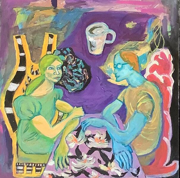 Acrylic & collage painting by Landi Expandis. A couple sits for tea, a large tea cup floats in the background. The painting is in soft jewel tones, with a surreal tone.