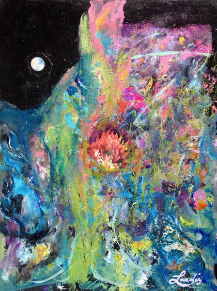 Abstract painting by Landis Expandis. Mostly green and teal on the bottom, blending into some pink and red toward the top right. The upper left is black negative space with a white mostly full moon.