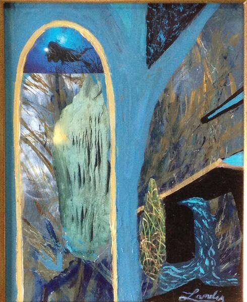 Abstract painting by Landis Expandis. Uses mostly teal, black, and gold, with elements of darker blues, and pale greens. A golden arch filled with colorful elements is on the left. 