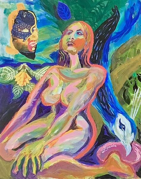 Acrylic painting by Landis Expandis. A nude woman kneels, looking skyward. A larger than life peacock flies behind her, and a head floats in the sky to the left.