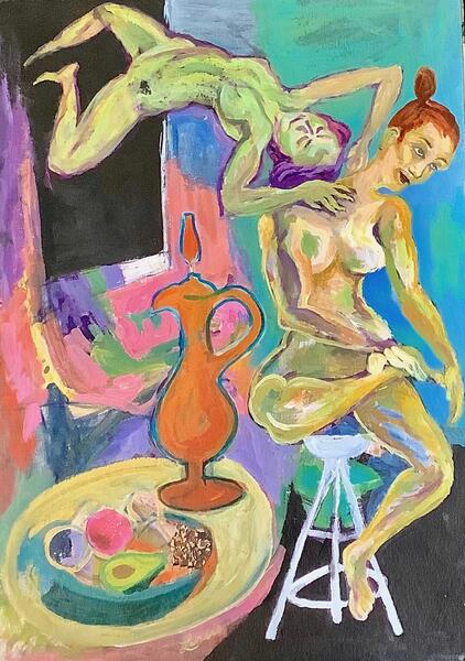 Acrylic painting by Landis Expandis. Two nude figures, one seated on a stool and the other floats on her back perpendicular to the seated woman. The whole painting is muted yet bright with many colors.