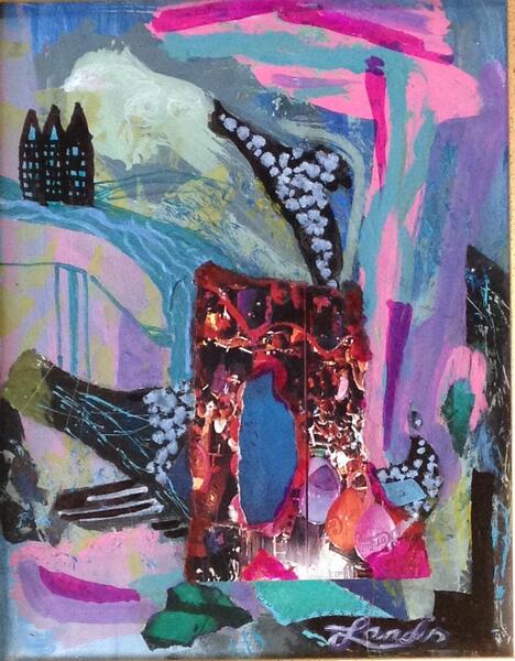 Abstract painting and collage by Landis Expandi. Mostly cool tones color blocked abstractly with pops of bright and light pinks, and a little bit of black (shaped like small buildings in the upper left corner).