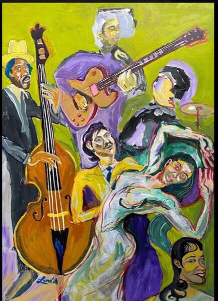 Acrylic figurative painting by Landis Expandis. A trio of musicians plays for an audience trio.