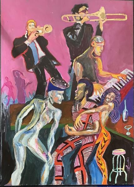 Acrylic painting by Landis Expandis. A trio of musicians play to a crowd, seen soft in the background. Three dancers are in front of the band in the foreground. One of them is otherworldly, painted to look almost iridescent pearl.