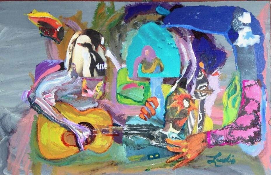 Mostly abstract but figurative acrylic painting of a music trio, including one with a penguin head, by Landis Expandis.