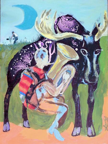 Acrylic painting by Landis Expandis. A tuba player is in front of a moose. Both are created with a combination of painting and collage with patterned paper. A small figure is in the background. 