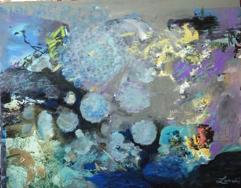 Abstract painting by Landis Expadis. Mostly pastel cool tones on a black background, blue circular shapes dispersed throughout.