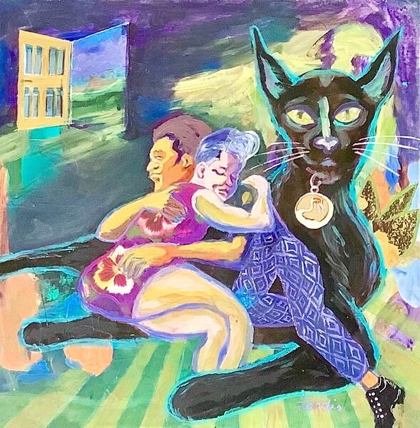 Painting with collage elements by Landis Expandis. A couple hugs, propped on a black cat that is larger than both of them.