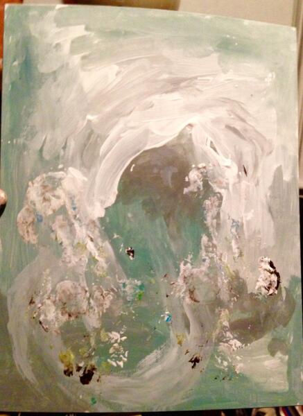 Abstract painting by Landis Expandis. A swirled mix of white and pale blue-green evoking a winter scene.