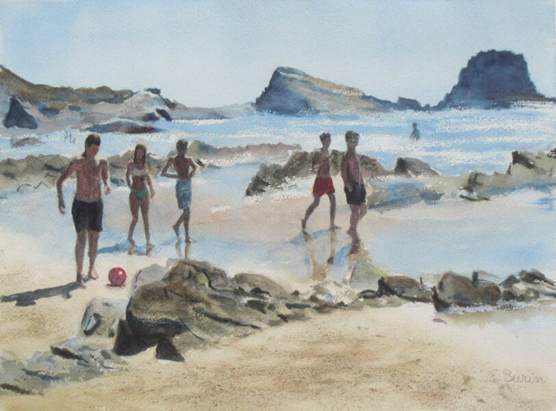 Watercolor beach scene in Portugal by Elizabeth Burin