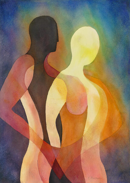 Couple II, watercolor painting by Elizabeth Burin, abstract, human figure