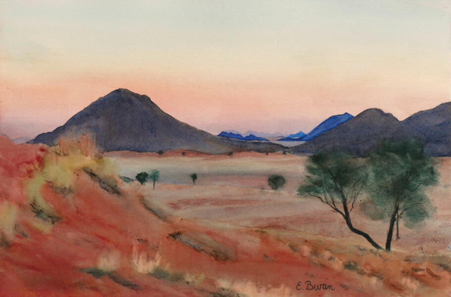 Watercolor painting of a Namibian desert landscape by Elizabeth Burin