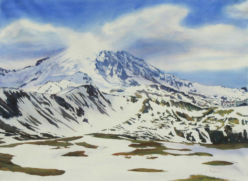 Watercolor painting of Mount Rainier with patchy snow, by Elizabeth Burin