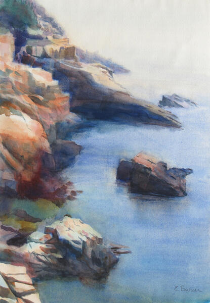 Watercolor painting of rocky coastline on Mount Desert Island, Maine, by Elizabeth Burin