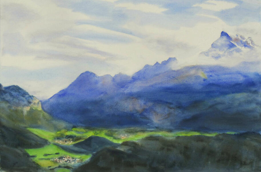 Watercolor painting of the Rhone Valley in spring with the Dents-du- Midi, by Elizabeth Burin