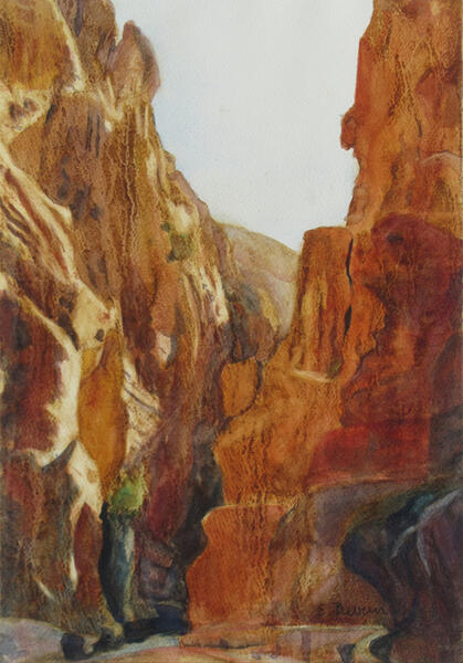 Watercolor painting of sandstone cliffs in the Siq, Petra, Jordan, by Elizabeth Burin