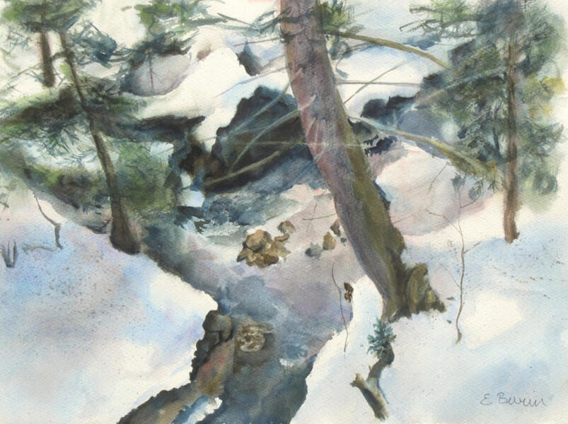 Watercolor painting of trees and snow along a brook, by Elizabeth Burin