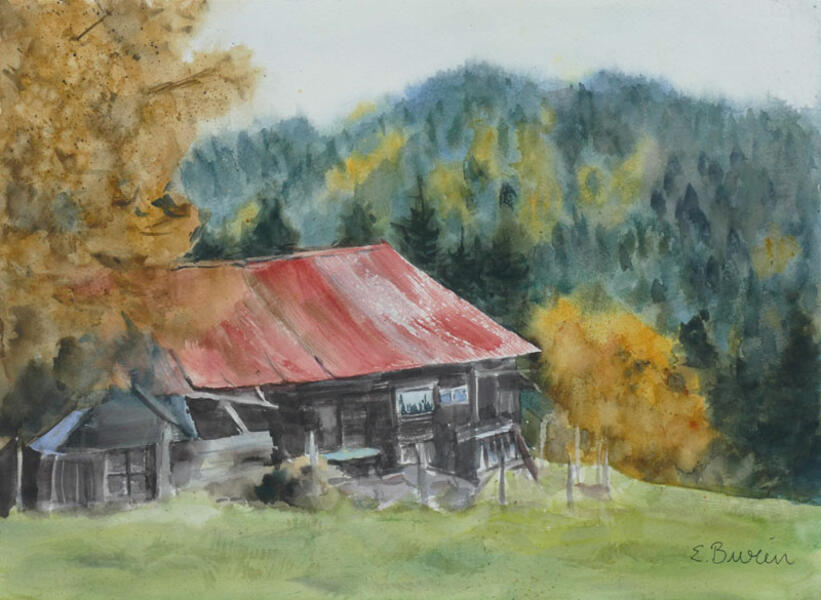 Watercolor painting of an old chalet in mountain landscape, autumn colors