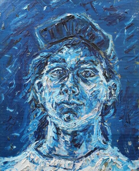 Self Portrait in Blue 18"x14" oil on cardboard 1994