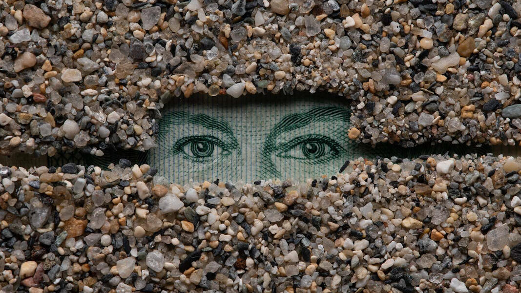 a pair of green eyes peers through a window of sand